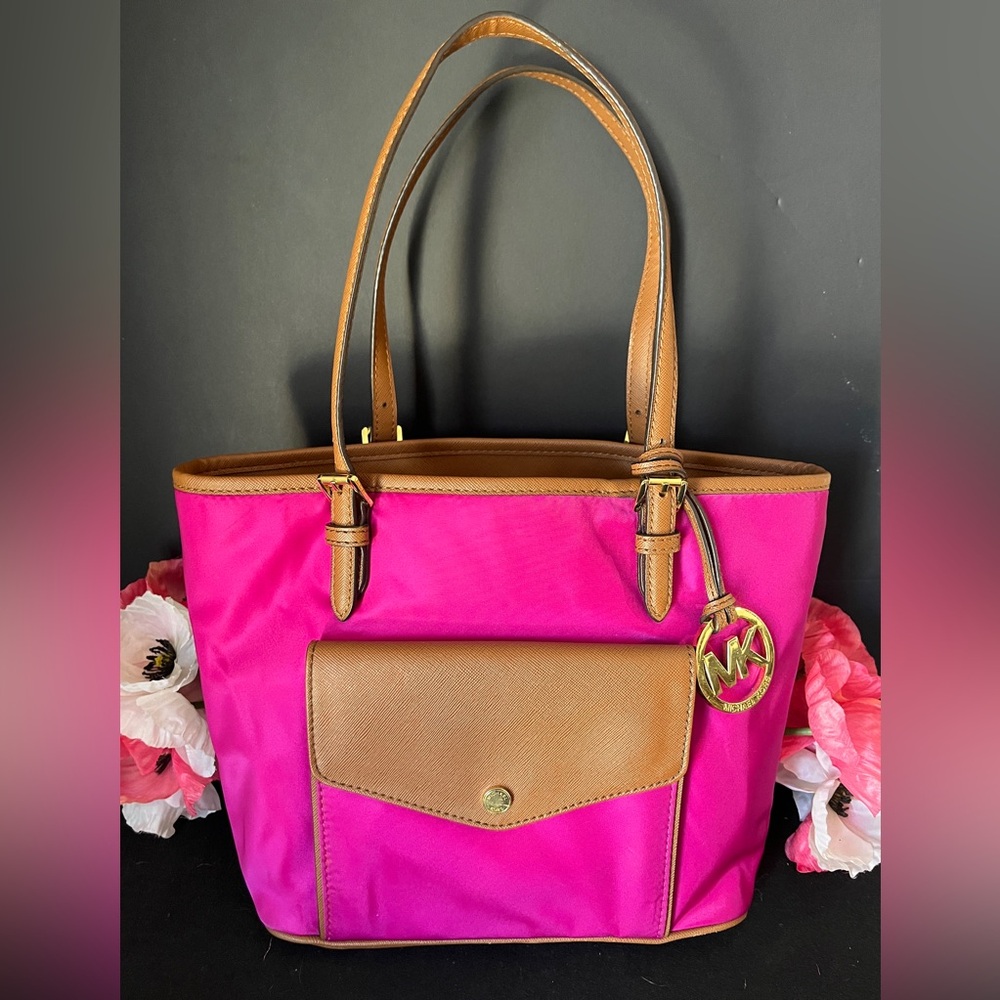 Michael Kors Pink and Brown Tote with Gold Hardware